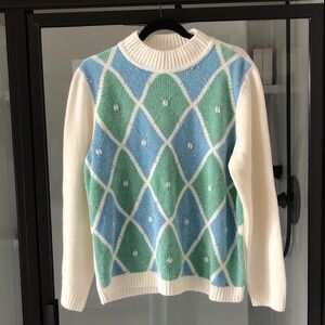 Alfred Dunner Blue and Green Argyle Sweater Grandmacore Cottagecore M preppy
